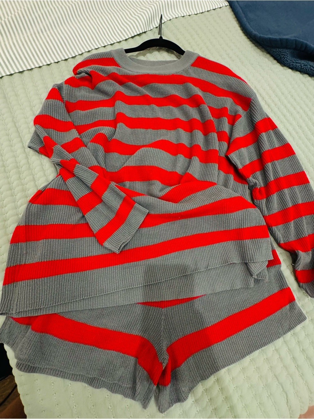 Amazon Women's Gray and Red Striped Knit Sweater Set